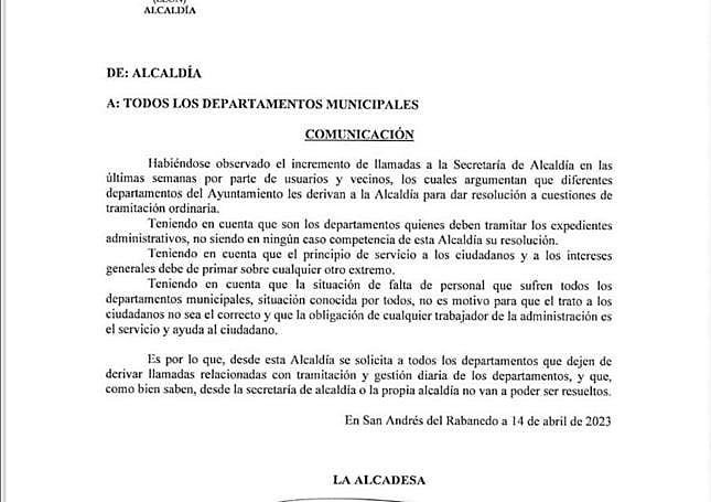 Comunicado interno de la alcaldía