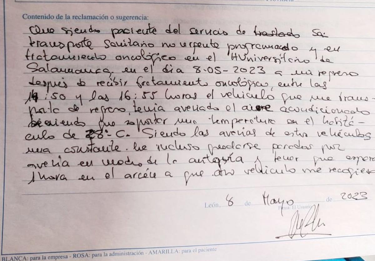 Imagen de la queja de una pacinte oncológica tras «sufrir» el traslado en una ambulancia de transporte sanitario no urgente.