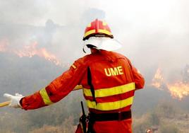 Efectivos de la UME durante la intervención en un incendio forestal.