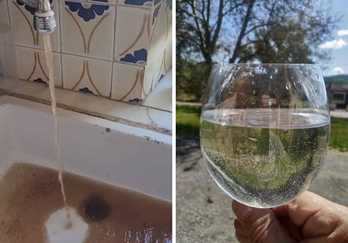 A la izquierda, agua con barro saliendo de un grifo de Pedrún; a la derecha, una copa de agua corriente recogida en el bar de la estación de Pedrún de Torío.