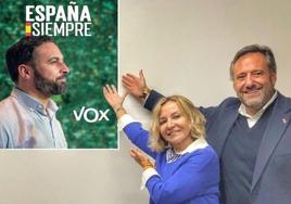 La candidata de VOX en León y el expresidente del partido en la provincia posan junto a un cartel de Santiago Abascal.