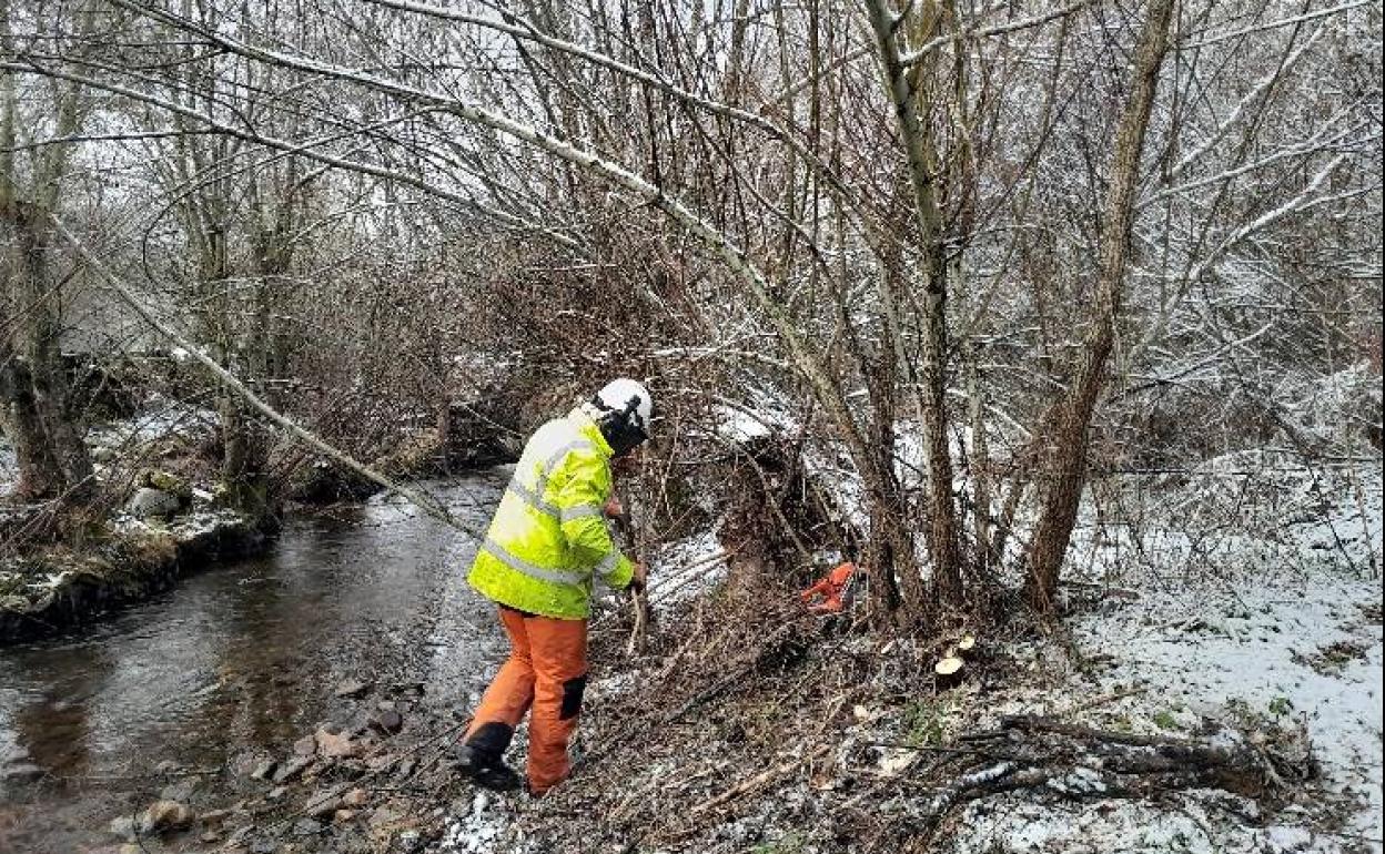 Un operario realizando labores en el río.