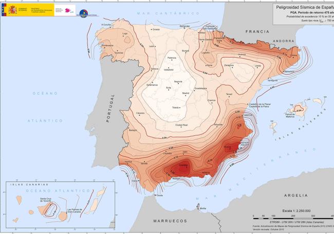 Las zonas con mayor probabilidad de sufrir terremotos en España aparecen más sombreadas.