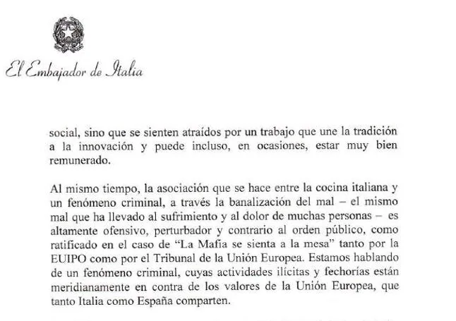 Extracto de una parte de la carta enviada por el embajador italiano en España.