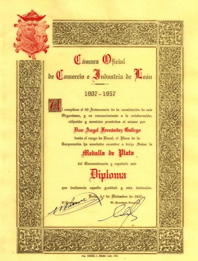 Diploma de la Cámara de Comercio de León 1957