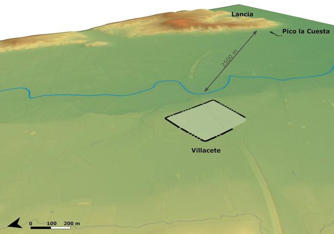 Posición y extensión del campamento de Villacete y relación con el poblado de Lancia (Imagen de los autores del artículo).