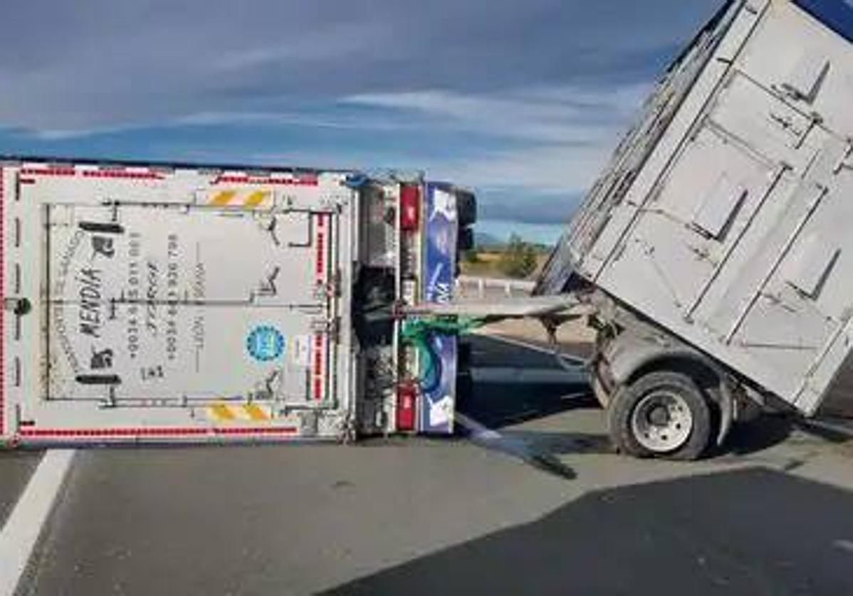 CAmión de ganado volcado en la AP-66.