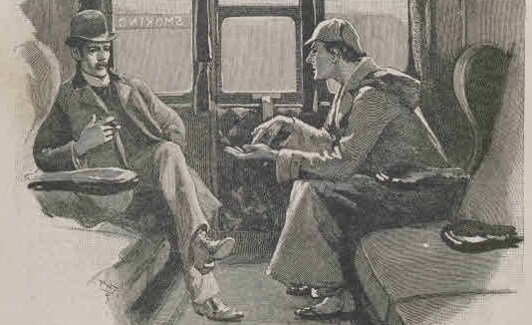 Sherlock Holmes conversa con Doctor Watson en el vagón de un tren. Ilustración del relato 'Estrella de plata« del escritor Arthur Conan Doyle. 1892.