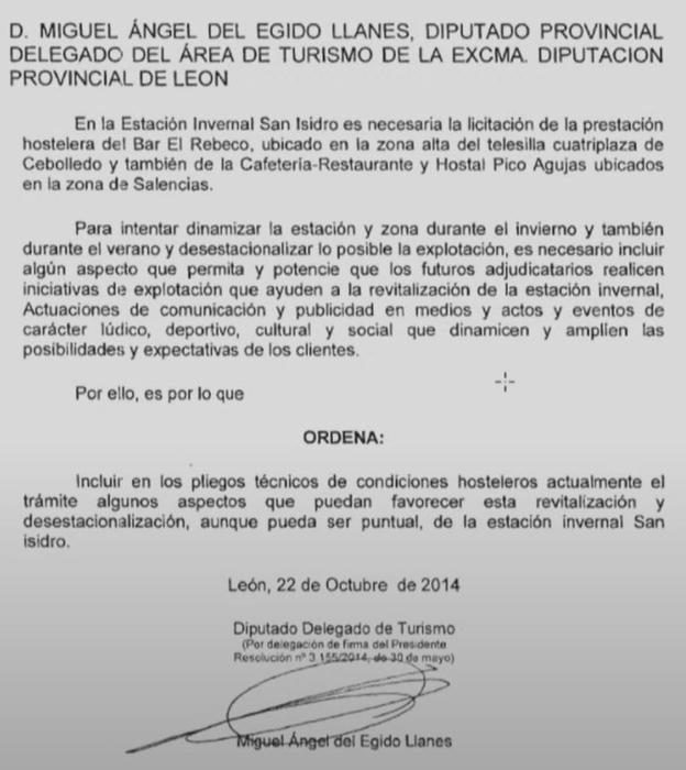 Documento en el que Miguel Ángel del Egido aprueba la inclusión en los pliegos de una de las modificaciones planteadas por ser acorde a Derecho y favorable a los intereses de la Diputación Provincial de León.