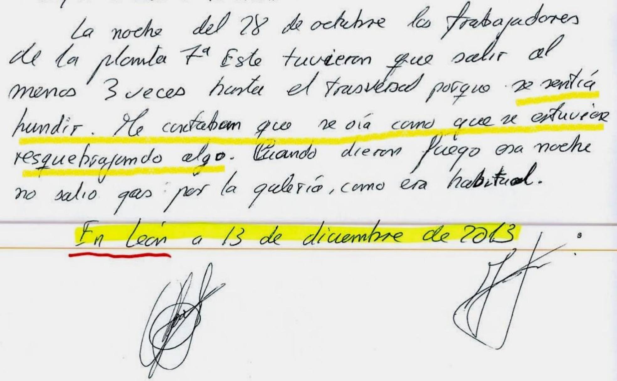 El 13 de diciembre de 2013, 46 días después del mortal accidente, prestaba declaración ante el Servicio de Minas el trabajador Manuel Ángel de Castro Domínguez. 