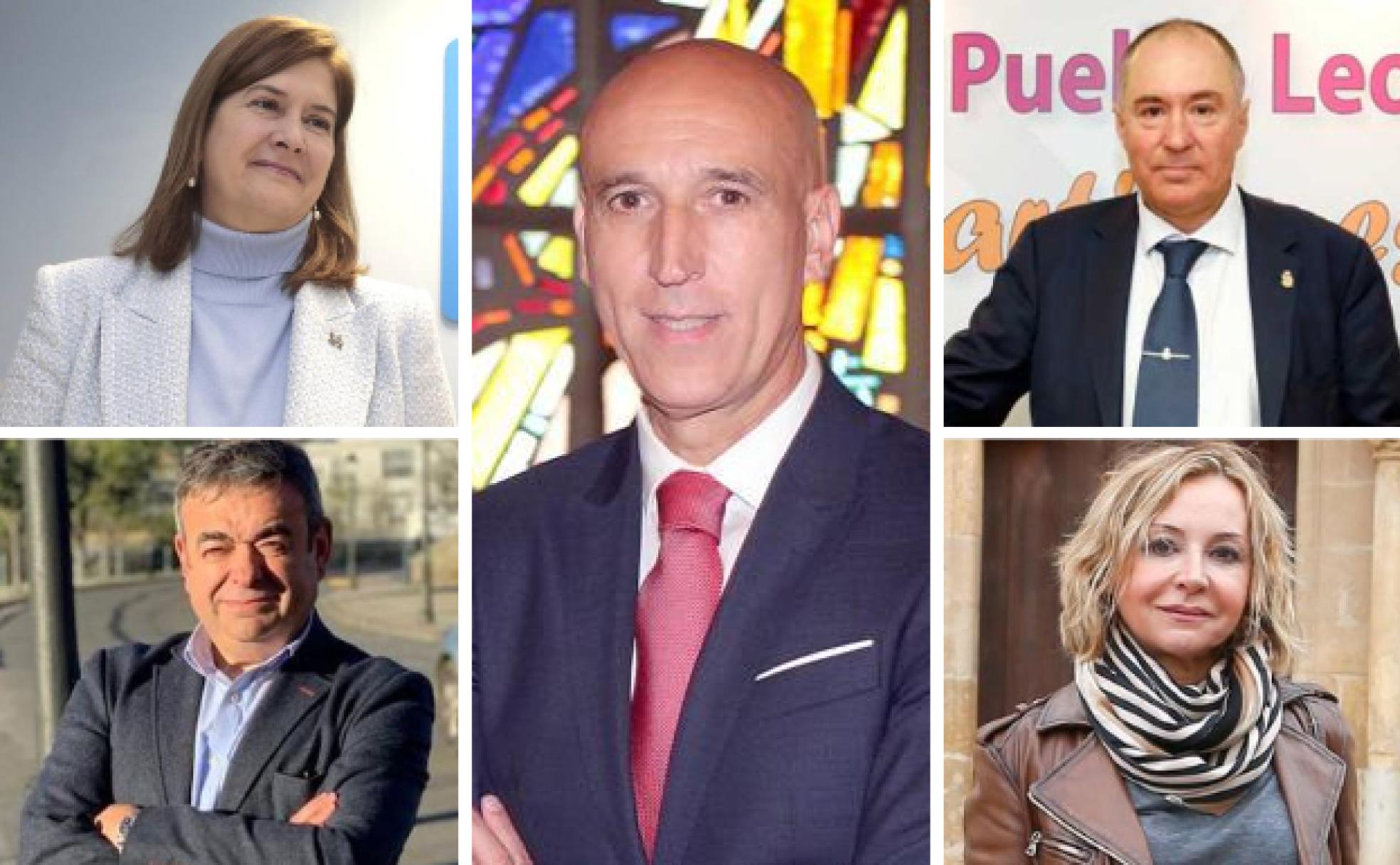 Margarita Torres (arriba izquierda), del PP; Justo Fernández (abajo izquierda), de CS; Eduardo López Sendino (arriba derecha), de UPL; Blanca Herreros, (abajo izquierda), de VOX; y José Antonio Diez (centro), del PSOE. 