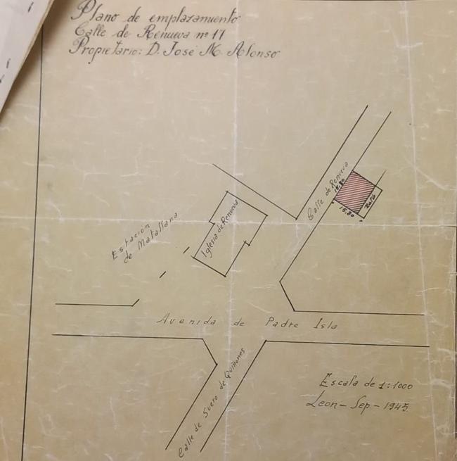 Mapa de la localización de la Iglesia de Renueva en 1947.