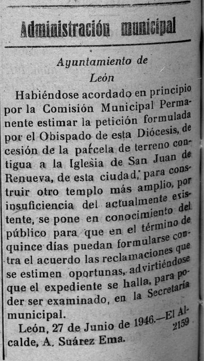 Aviso en la prensa de 1946, escrito por el alcalde de León, A Suárez Emma, sobre la Iglesia de Renueva.