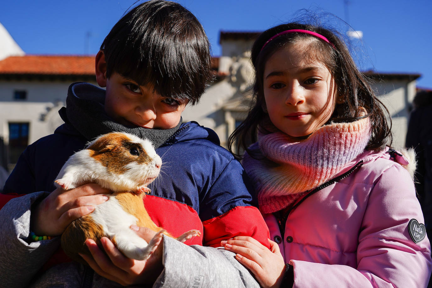 Unos niños con una cobaya, que recibió la bendición de San Antón.