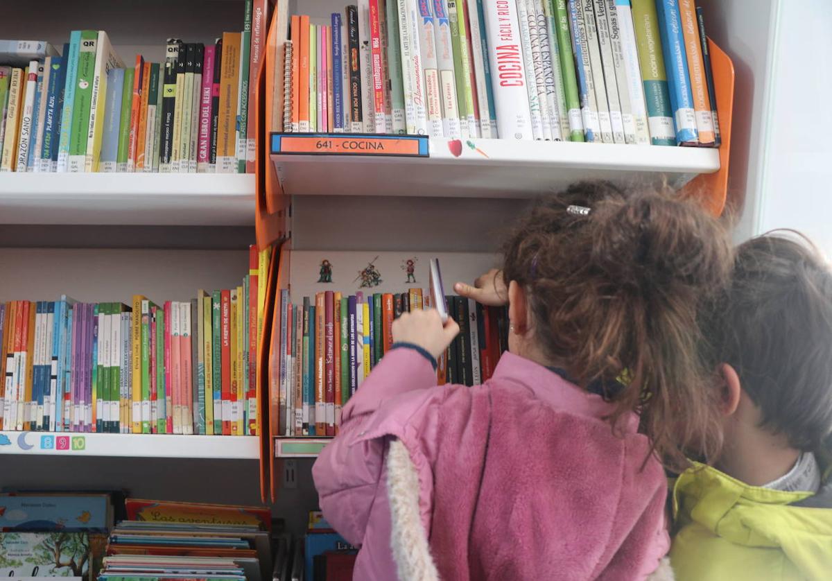 Iván junto a su hermana mirando libros en el bibliobús.