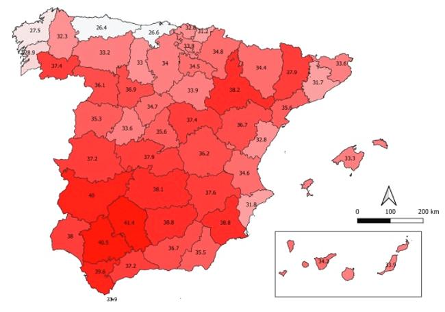 Mapa España de temperaturas umbrales a nivel provincial.