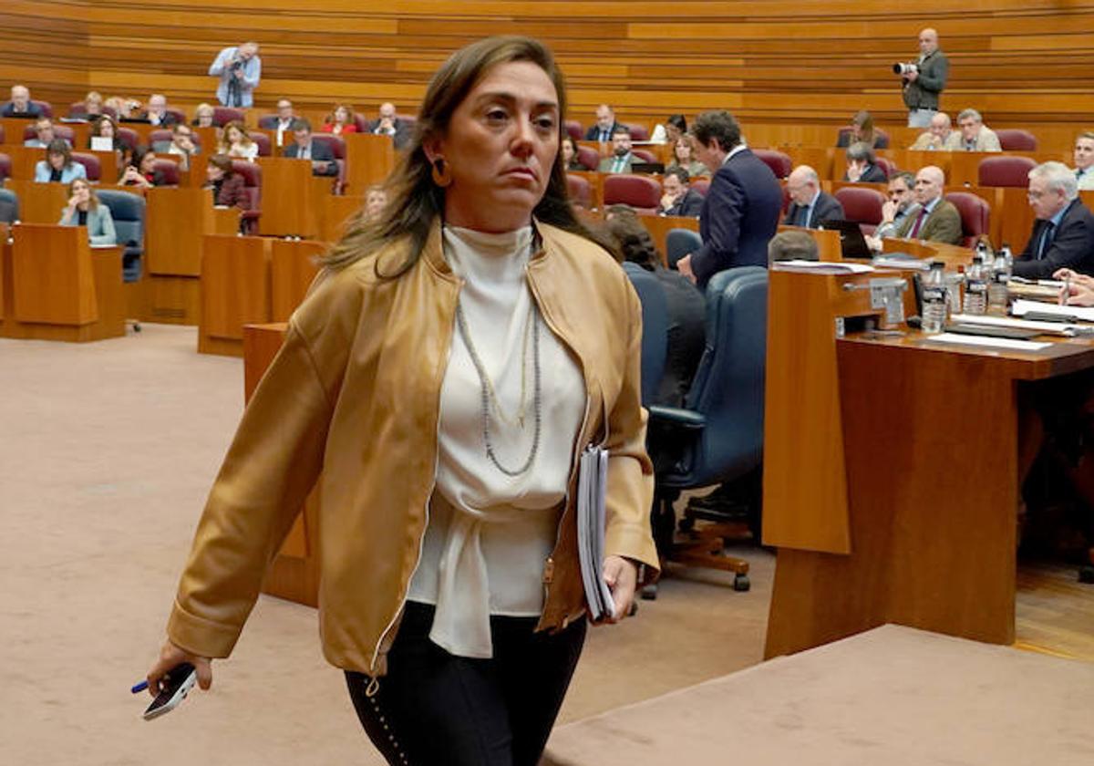 La consejera de Movilidad y Transformación Digital, María González Corral, durante el Pleno de las Cortes de Castilla y León