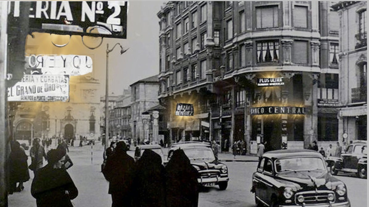 Casa Roldán desde la Gafa de Oro y letreros emblemáticos de la ciudad, 1945.