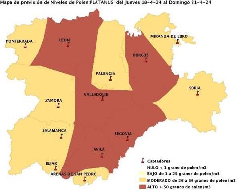 Mapa de previsión de los niveles de polen Platanus este fin de semana.