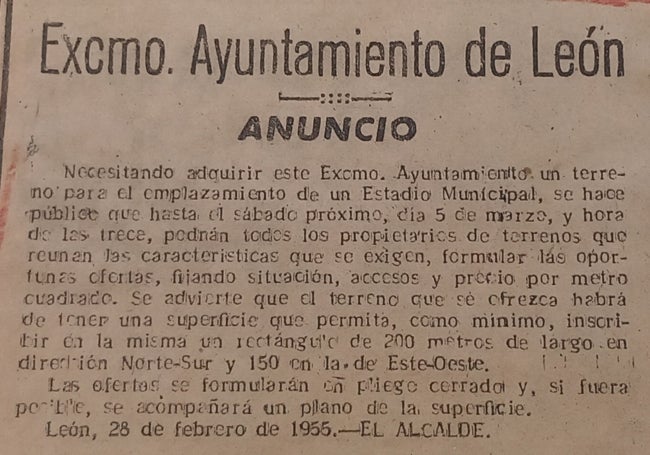 Anuncio del Ayuntamiento de León. 1955. Archivo Municipal.