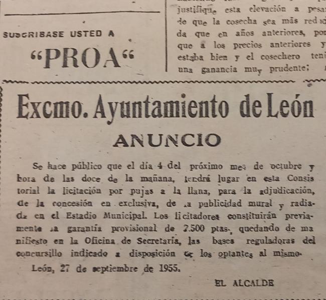 Anuncio en PROA para sacar a subasta la publicidad del estadio. 1955. Archivo Municipal de León.