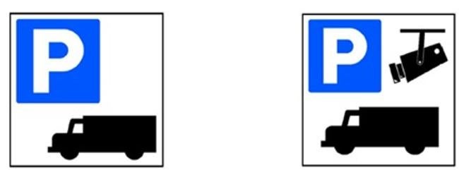 Pictogramas representativos de la presencia de zonas de descanso (derecha) y zonas de estacionamiento seguro y protegido (izquierda)