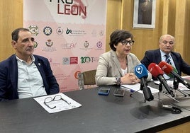 El presidente del Colegio de Enfermería de León, José Luis Blanco; la vicepresidenta del Colegio Oficial de Trabajo Social de León, Concepción de la Varga; y el presidente del Colproleón, Jose Antonio Cuba, durante la rueda de prensa de este viernes.