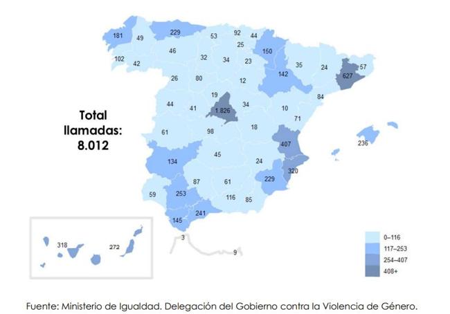 Llamadas al 016 por provincias en el mes de junio de 2024.