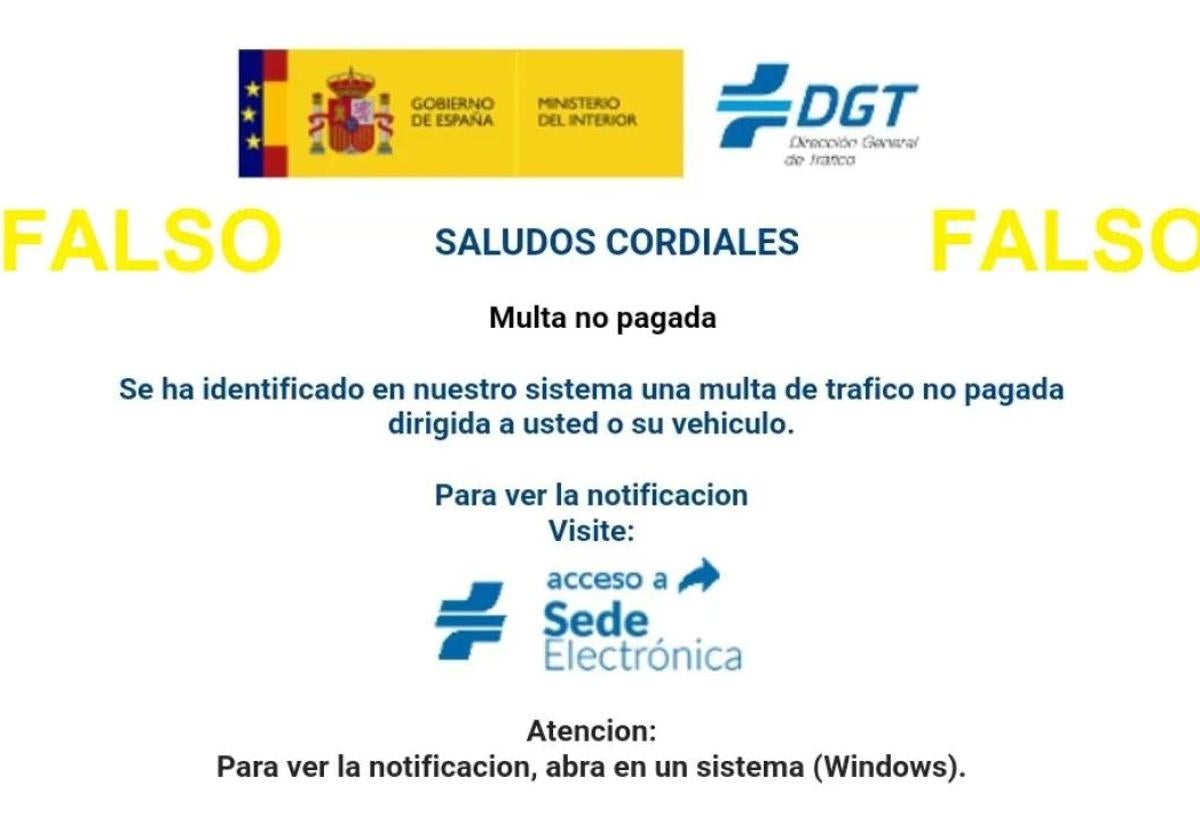 Imagen de la falsa multa de la DGT que circula por internet.