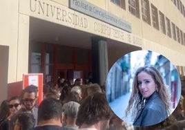 Los opositores a las puertas de la facultad el domingo y, en pequeño, la leonesa Andrea Fergón.