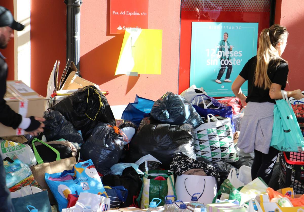 Voluntaria durante la recogida de alimentos en la plaza del Espolón