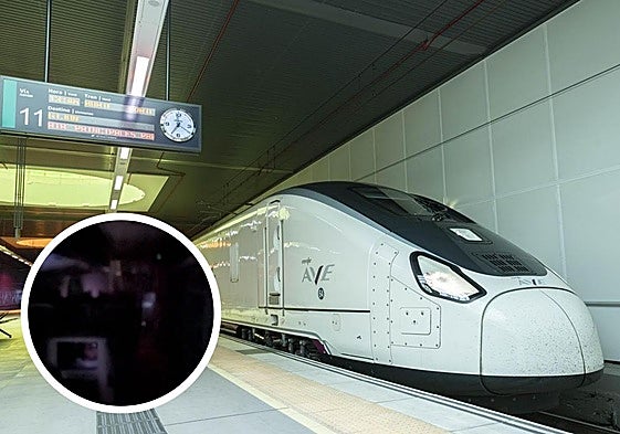 Imagen del AVE; en el círculo, interior de uno de los coches del S-106 completamente a oscuras.