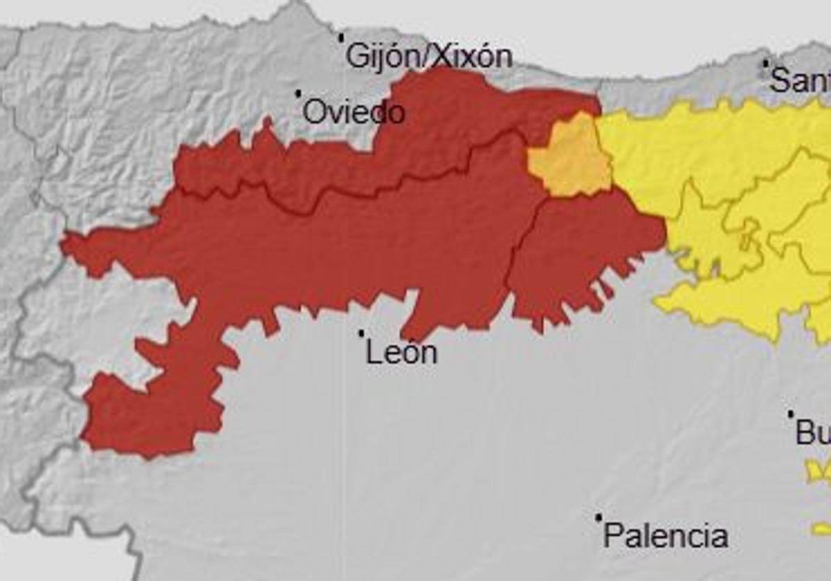 El mapa de la Aemet con la alerta roja sobre la montaña de León.