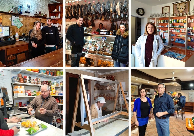 Alejandro y Lidia del Mesón los Arcos; Fausto, Lorena y Cristina de Embutidos Hompanera; Camino en su farmacia y Justo del Bar Lozano, los cuatro negocios en Santas Martas. Inmaculada en la Panadería Miguélez de Villamoros; y Reyes y Jesús en el Horno de Eladia en Puente Villarente, de izquierda a derecha y de arriba abajo.