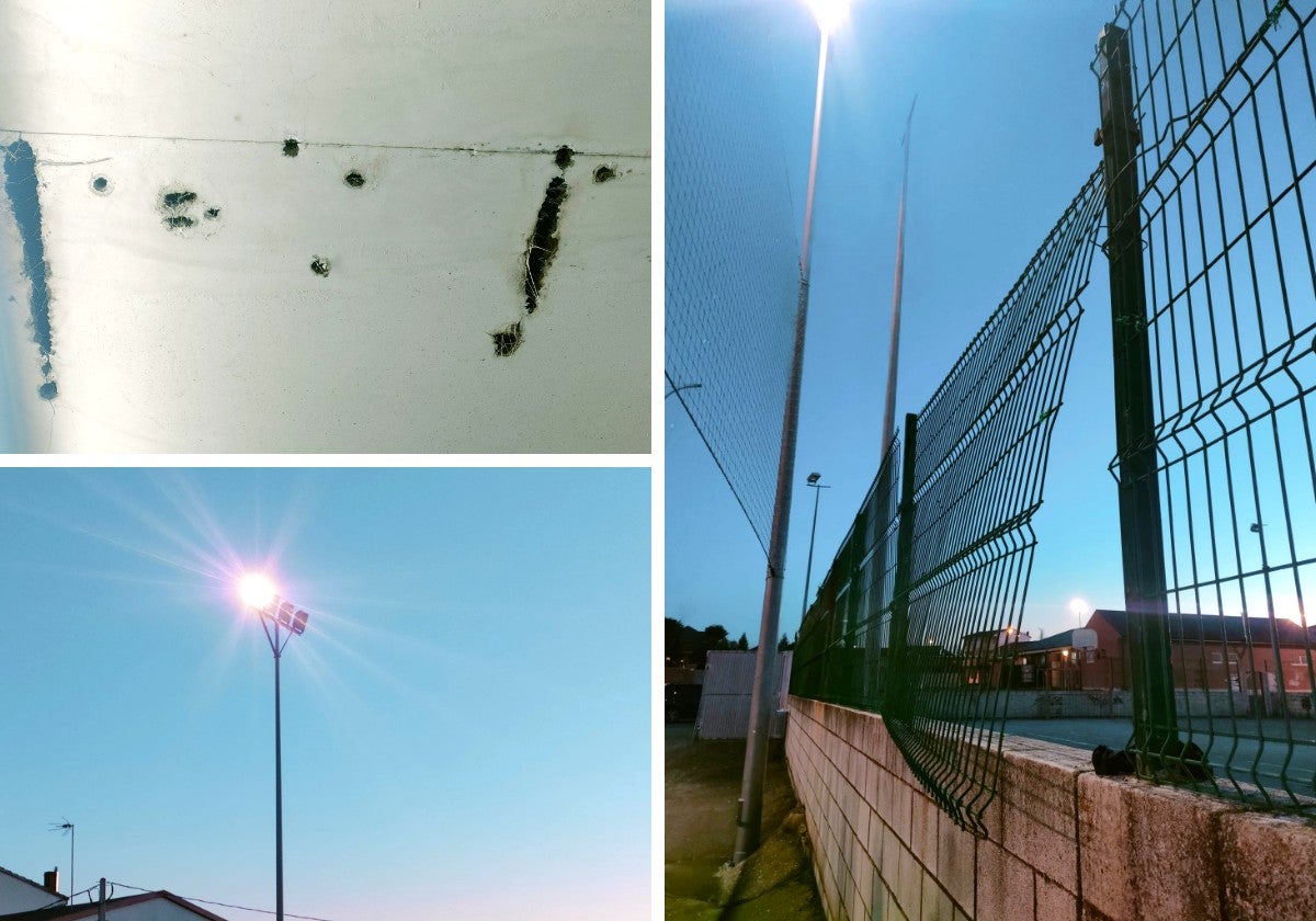 Imágenes con focos sin encender y desperfectos en el campo de fútbol.