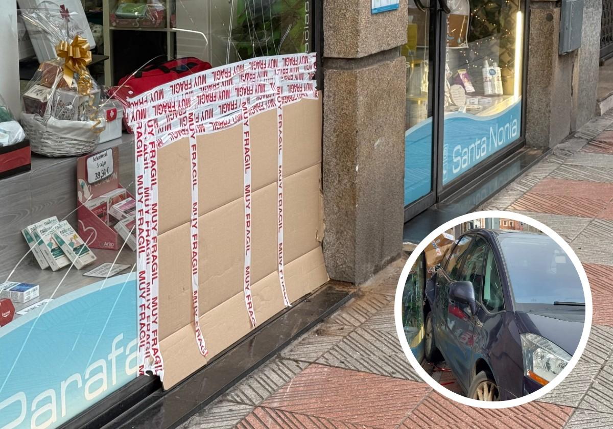 La parte dañada del escaparate ya posee un cartón a modo de remiendo en la zona del impacto del vehículo.