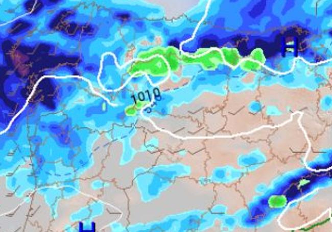 Precipitación prevista acumulada para las últimas seis horas del Lunes Santo (cuanto más oscuro el azul, más cantidad; el verde indica nieve).