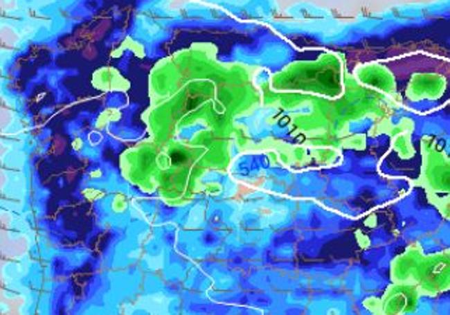 Precipitación prevista acumulada para las últimas seis horas del Martes Santo (cuando más oscuro el azul, más cantidad; el verde indica nieve).