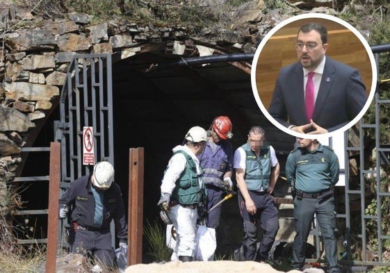 Investigación en la mina de Cerredo y, en pequeño, Adrián Barbón este miércoles en su intervención en el pleno.
