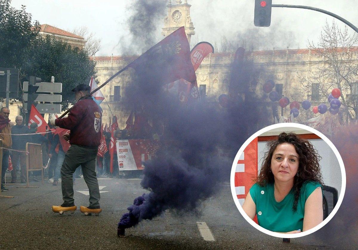 Imagen de la manifestación del 16F en León y, en pequeño, Elena Blasco Martín.