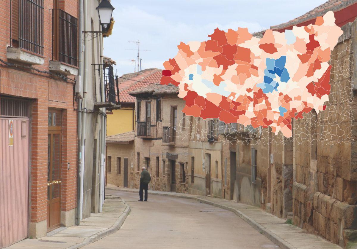 Una calle de la localidad de Valderas. En la parte superior, un gráfico con la pérdida porcentual de población por municipios en la provincia desde el año 2000.