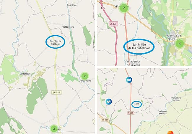 Posición de Fuentes de Carbajal, San Millán de los Caballeros e Izagre con las antenas de telefonía móvil.