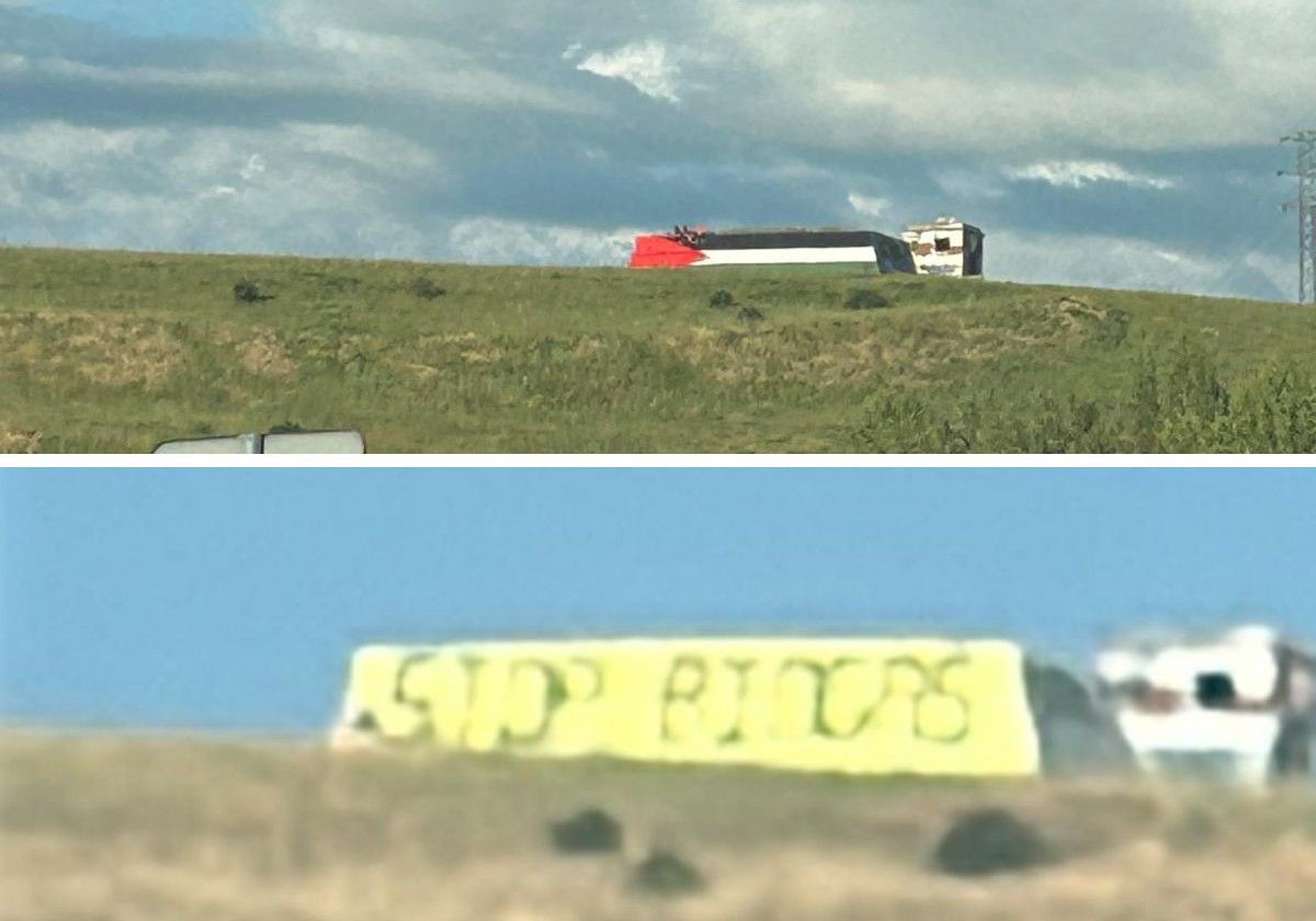 Arriba, los depósitos con la bandera de Palestina. Abajo, el nuevo mensaje 'Stop Biogás'.