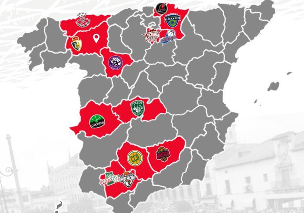 Mapa de los equipos del Grupo Oeste Segunda FEB con los dos equipos leoneses.