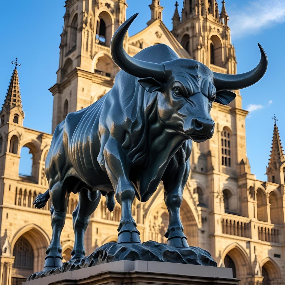 Simulación del toro metálico con la imagen de una catedral de fondo recreada con IA.