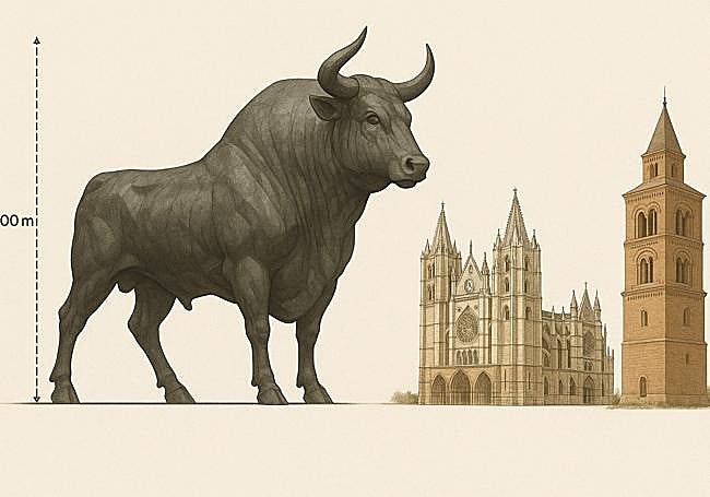 El toro metálico de 300 metros comparado con la Catedral de León y la torre de la iglesia de San Lorenzo en Sahagún.
