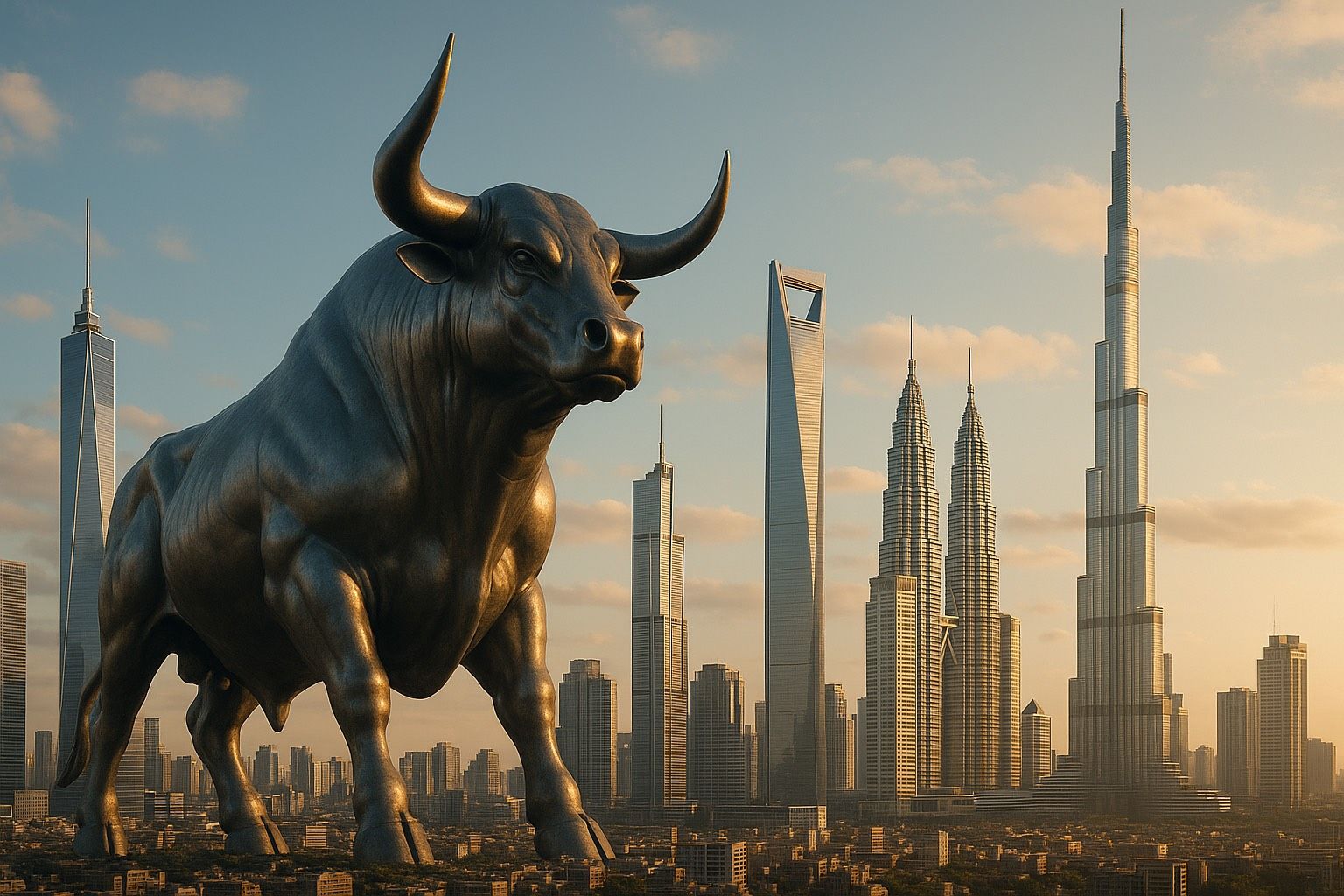 Imagen, mediante IA, del toro metálico y de fondo algunos de los edifios más altos del mundo.