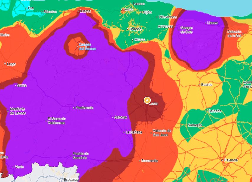 Imagen de la calidad del aire en el mapa de la provincia de León actualmente