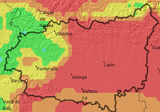 Mapa de riesgo de incendios para este viernes: en naranja y rojo las zonas con riesgo alto y extremo.