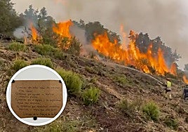 Bomberos de León trabajando en el incendio en Los Espejos de la Reina y, en pequeño, el mensaje de los vecinos.
